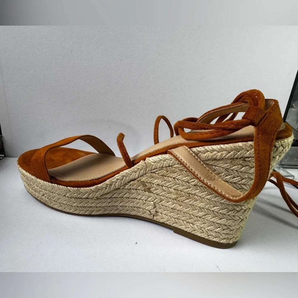 Tan Suede Strappy Espadrille Lace-Up Wedge Sandals Size 9.5